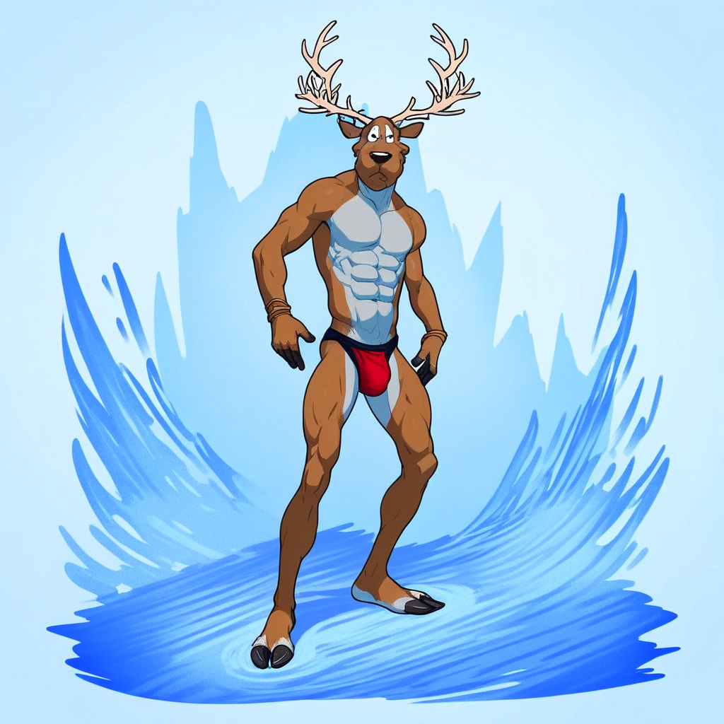 Dimbly, no humans, solo, black eyes, male focus, antlers, swimsuit, male swimwear, abs, bracelet, speedo, topless male,  score_9, score_8_up, score_7_up, score_6_up <lora:vinceteaa_020_04v2-step00000400r:1> good face, good eyes, looking at viewer, full body,