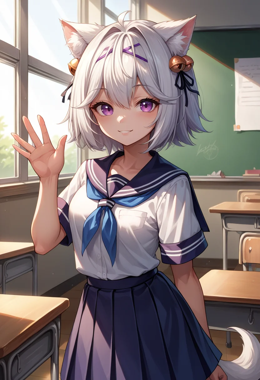 score_9, score_8_up, source_anime, 1girl, solo, Filian, tail, short hair, hairclip, hair bell, classroom, window, school uniform, dress shirt, pleated skirt, waving at viewer, smile, <lora:ChamFilianPonyXL:1>