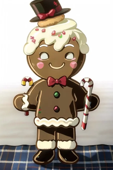 OverallDetail, male, solo, Gingerbread_Man, made of gingerbread, food focus, no humans, food creature, living cookie, frosting, frosting hair, (head tuft:1.2), blush stickers, plate, table, tablecloth, on table, walking, tiny, curly hair, bow tie, tailcoat, long sleeves, formal wear, top hat, candy cane, masterpiece, extreme detail, candy, simple face, dot eyes, high-angle view, standing, inside, kitchen, looking at viewer, smile, half-closed eyes smug, cute, chibi