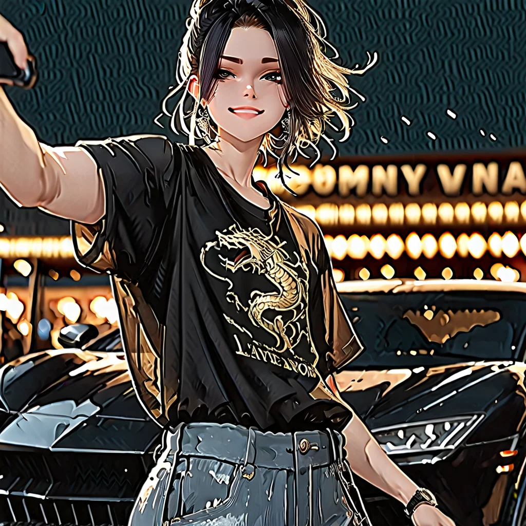 depth of field, backlighting, taking a selfie in front of a black lamborghini aventador with spoiler and body kit (car is black, wearing luxurious jeans and luxurious black t-shirt with gothic design, bokeh, (sketch:1.3), male sun wukong, Kael Vireon, symbolic environment, expensive black watch windblown hair, casual clothes, mystic mist, wearing luxurious black jeans and luxurious black tied t-shirt with gothic design, best quality, visual storytelling, 8K, focused subject, upper body focus, cinematic composition, celestial clouds, close up, absurdres, dynamic composition, chrome rims), chinese mythology, floating mountains, Black Myth Wukong, chrome carbon fiber details, god-tier illustration, chrome carbon fiber details), taking a selfie in front of a lamborghini aventador with spoiler and body kit (car is black, mythic scale, ( dynamic pose:1.3), holding waist, dramatic sky, night scene under the moon, in front of a luxury casino, volumetric light, good quality, masterpiece, stylized