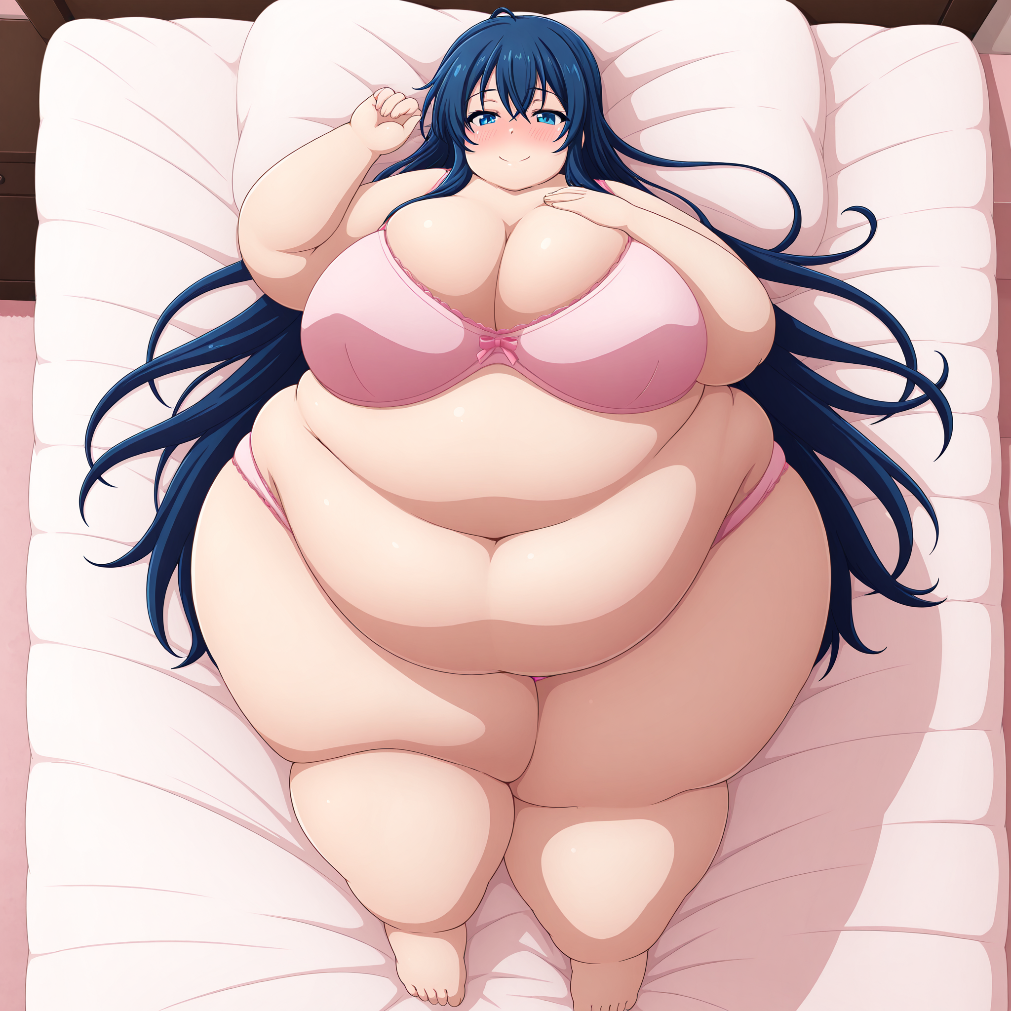 (masterpiece), best quality, (highly detailed), 1female, solo, <lora:Miramiraclerun_style_Illustrious:0.8>, from above, bed, fat, obese, pink bra, pink panties, very long hair, blue hair, blue eyes, blushing, smile, seductive pose, lying, huge breasts, thick thighs,