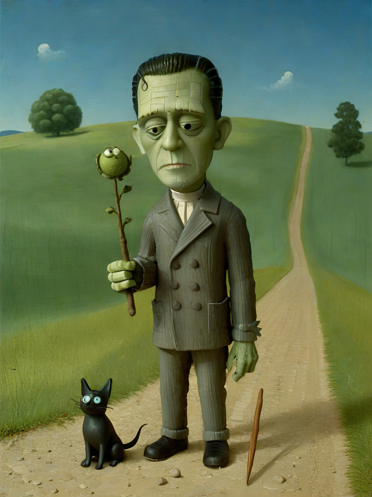 <lora:Bosch_Creatures-000010:0.1>, Bosch_Creatures,  portrait of Frankenstein, pixar style, <lora:PixarXL:0.3>, paws, holding lance,  <lora:DD-made-of-clay-XL-v2:0.0> made-of-clay,  (Medium shot:1.2), nature in background, <lora:FF_Style_Rene-Magritte:0.1> rene magritte, style of rene magritte, 
BREAK
<lora:Tim_Burton_Painting_Style_SDXL:0.8> Tim Burton Style,  <lora:add-detail-xl:2.8>