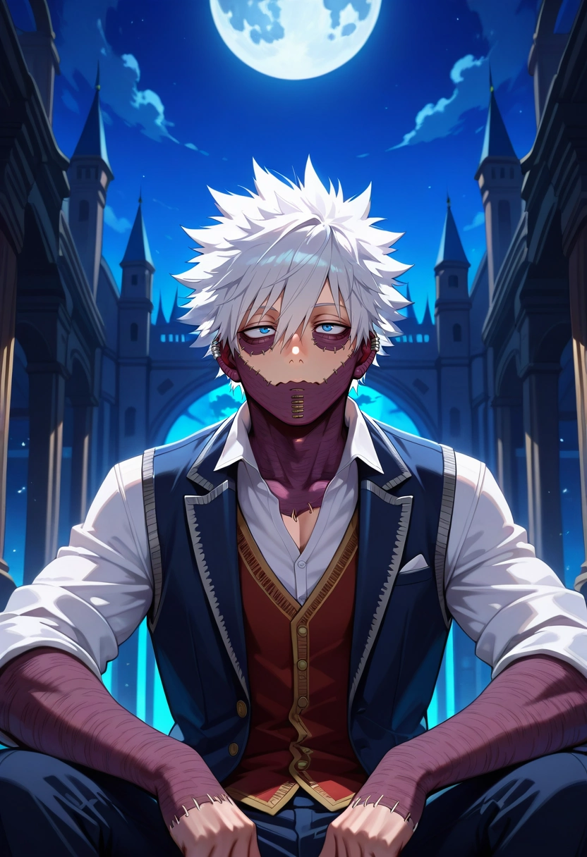 masterpiece, best quality, intricate details, (realistic:0.6), , 1boy, solo, male focus, <lora:dabi_bnha_ilxl:0.94>, dabi_bnha, white hair, blue eyes, short hair, spiked hair, hair between eyes, messy hair, bangs, scar, burn scar, scar on face, piercing, ear piercing, stitches, , panorama, palace, night, full moon, sitting, wavy mouth, suit vest,