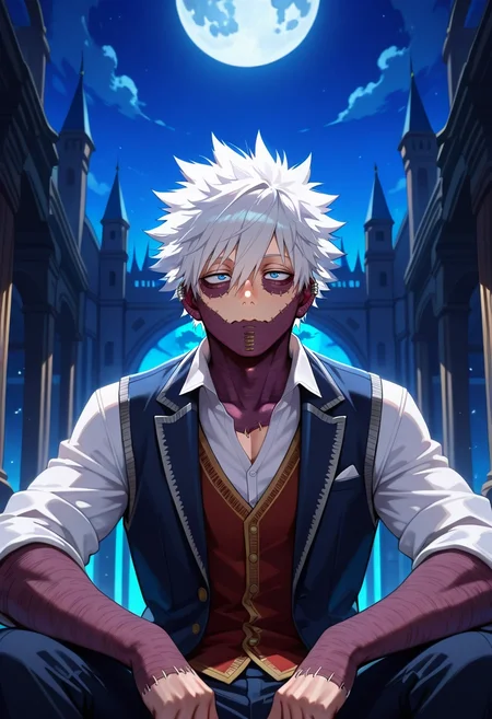 masterpiece, best quality, intricate details, (realistic:0.6), , 1boy, solo, male focus, <lora:dabi_bnha_ilxl:0.94>, dabi_bnha, white hair, blue eyes, short hair, spiked hair, hair between eyes, messy hair, bangs, scar, burn scar, scar on face, piercing, ear piercing, stitches, , panorama, palace, night, full moon, sitting, wavy mouth, suit vest,