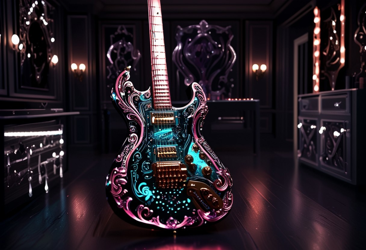 RAW photo of a very detailed reflective guitar with whimsical elements, completely dark studio, full of mirrors and few candles, magical glowing guitar,( the room is dark:2), only light of source is coming from the guitar, cyan and pink neon, strong highlights, complimentary colors, reflective enviroment, spot lights, futuristic style, 90% black and 10% gold colors, big white diamonds on the guitar, strong depth of field, darkness, dramatic light, dusty black theme, intricate details, ultra sharp, exquisite detail, flawless composition, vivid colors, masterpiece, exciting background, timeless elegant and Exquisite