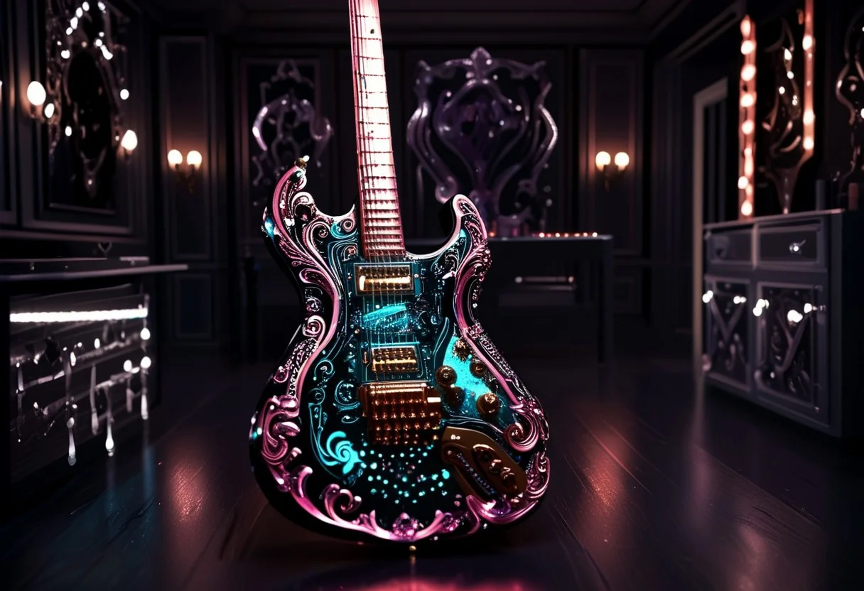 RAW photo of a very detailed reflective guitar with whimsical elements, completely dark studio, full of mirrors and few candles, magical glowing guitar,( the room is dark:2), only light of source is coming from the guitar, cyan and pink neon, strong highlights, complimentary colors, reflective enviroment, spot lights, futuristic style, 90% black and 10% gold colors, big white diamonds on the guitar, strong depth of field, darkness, dramatic light, dusty black theme, intricate details, ultra sharp, exquisite detail, flawless composition, vivid colors, masterpiece, exciting background, timeless elegant and Exquisite