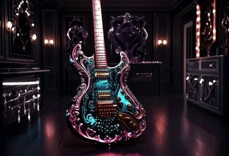RAW photo of a very detailed reflective guitar with whimsical elements, completely dark studio, full of mirrors and few candles, magical glowing guitar,( the room is dark:2), only light of source is coming from the guitar, cyan and pink neon, strong highlights, complimentary colors, reflective enviroment, spot lights, futuristic style, 90% black and 10% gold colors, big white diamonds on the guitar, strong depth of field, darkness, dramatic light, dusty black theme, intricate details, ultra sharp, exquisite detail, flawless composition, vivid colors, masterpiece, exciting background, timeless elegant and Exquisite