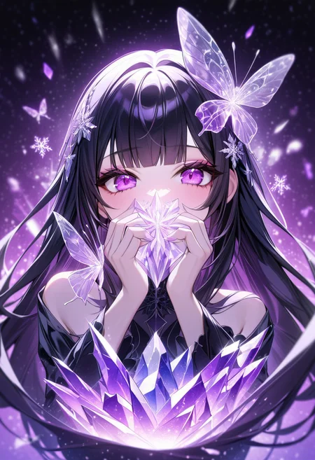 masterpiece, newest,absurdres,incredibly absurdres,1girl, solo, bug, butterfly, bangs, black hair, looking at viewer, long hair, blunt bangs, covered mouth, purple eyes, purple theme, eyelashes, flower, pink eyes, snowflakes, 
dark_theme,abstract background, made of crystals,
depth of field,white sphere on the background,usnr, (crystal world)