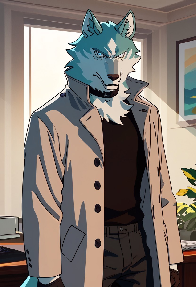 score_9_up, score_8_up, score_7_up, masterpiece, best quality, amazing quality, very aesthetic, absurdres, newest,  high quality, detailed, male, solo male, Shirou Ogami, 1boy, mature male, male, athletic build, anthro, wolf, animal ears, white and teal fur, ice blue eyes, light tan trench coat, black sweater, black gloves, dark gray pants, black choker collar, half body, looking at viewer, stern expression, indoors, office, volumetric lighting