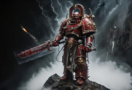 Score_9_up, absurdres, Source: GamesWorkshop, best quality, expressive eyes, perfect face, space marine, World Eaters Traitor Astartes Chapter Exalted Eightbound Berserker holding a chainsword, red armor, spiked horned astartes helmet, full body, volumetric lighting project unreal engine, mantisdetailerse, <lora:warhammerAdeptus_v1:0.7>,