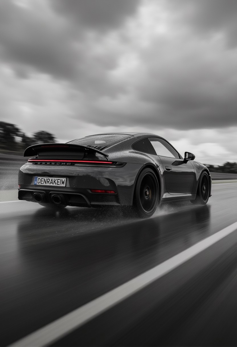 A dramatic black and white shot of a sleek, Porsche 911 GTS, Spoiler, numberplate reads DENRAKEIW, racing  on a wet track under a moody, overcast sky. The focus is on the rear of the car, emphasizing its powerful spoiler and aggressive aerodynamic design. The car's tail lights glow brightly through the misty spray from the wet road, creating a dynamic sense of speed and intensity. The blurred background and motion lines enhance the feeling of movement, while the dark atmosphere evokes a gritty, adrenaline-fueled race in the rain.