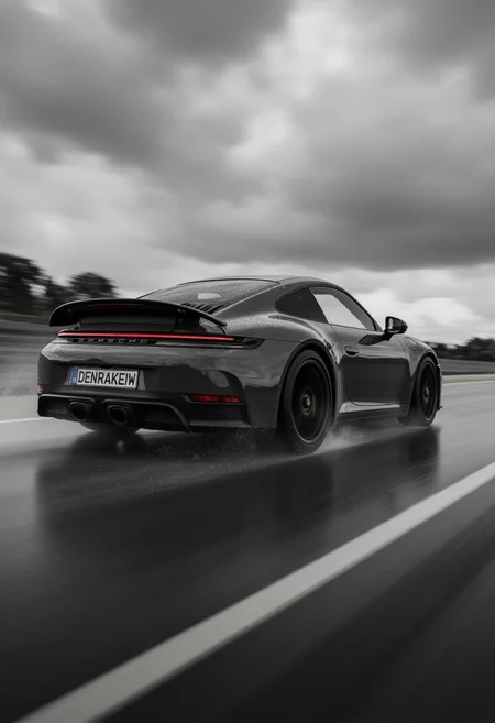 A dramatic black and white shot of a sleek, Porsche 911 GTS, Spoiler, numberplate reads DENRAKEIW, racing on a wet track under a moody, overcast sky. The focus is on the rear of the car, emphasizing its powerful spoiler and aggressive aerodynamic design. The car's tail lights glow brightly through the misty spray from the wet road, creating a dynamic sense of speed and intensity. The blurred background and motion lines enhance the feeling of movement, while the dark atmosphere evokes a gritty, adrenaline-fueled race in the rain.