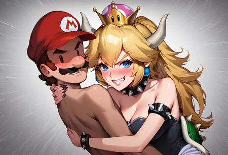 Bowsette put on a collar,(hug by mario wear his original uniform:1.0), Pretend to resist but actually love it a lot, dynamic pose, medium body shot, blush smiled,dynamic pose, climax face, background is mario world, bare arms, bare shoulders, coax, cleavage, acted like couldn't handle it, exhausted face orgasum but happy.
 1girl, evil grin, looking at viewer,  (in mario world, background is mario games:1.0,)
score_9, score_8_up, score_7_up, rating_explicit, epiCPhoto, sharp avn award winning photo, ultrasharp, artistic photoshoot, masterpiece, best quality, detailed painting,