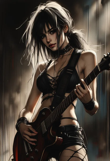OBxiaoxiang, inksketch, Silhouette Art, magnificent, dark background, inksplash portrait of stunning japanese heavy metal guitarist playing on stage, long dark hair with platinum streaks, sidelocks, bangs, front-laced blouse, cleavage, fishnet, seductive, sultry, red lips, silhoutted in spotlight on stage, light hitting one side of face, inksplash abstract background