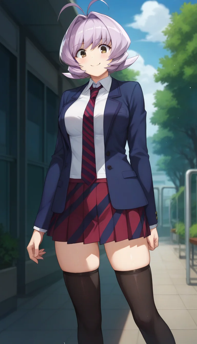 score_9,score_8_up,score_7_up,score_6_up BREAK official art,solo,outdoors,cowboy shot,looking at viewer,facing viewer,smile,blush,Osana Najimi,antenna hair,short hair,light purple hair,hair intakes,bangs,brown eyes,school uniform,blue jacket,blazer,collared shirt,white shirt,red necktie,striped necktie,medium breasts,skindentation,long sleeves,red skirt,pleated skirt,striped skirt,zettai ryouiki,black thighhighs,loafers,<lora:Osana Najimi(kcc)-Pony:1.4>,