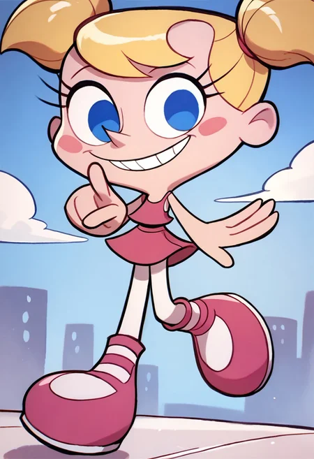 score_9, score_8_up, score_7_up BREAK DeeDeeDL, 1girl, blonde pigtails, blue eyes, pink tank top, pink skirt, white tights, pink ballet shoes, smiling at viewer, solo, solo focus,