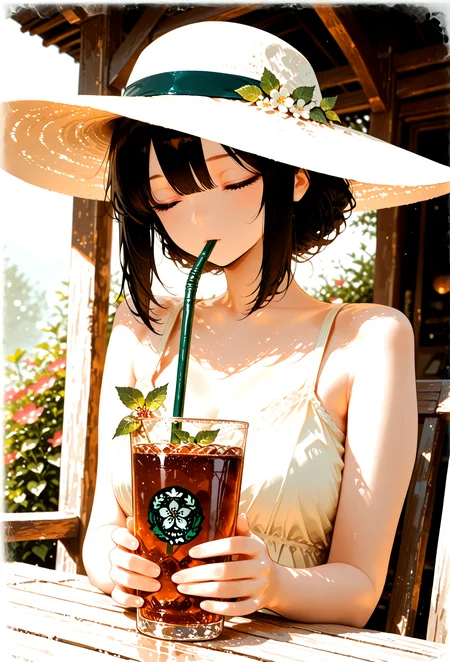 1girl, cinematic angle, 1girl, cinematic angle, A person wearing a large sun hat adorned with flowers, sitting outdoors in a sunlit garden, holding a tall glass of iced tea with a straw and mint leaves inside, soft warm lighting, serene and peaceful atmosphere, detailed illustration, summer aesthetic, Depth of field, limited palette, [(artistic background:1.2)::0.2], (fading border background:1.2), masterpiece, best quality, amazing quality, very aesthetic, absurdres, highres, newest, intricate details, high contrast, <lora:TrendCraft_The_Peoples_Style_Detailer-v1.0A-3_13_2025-NoobVPRED:1>