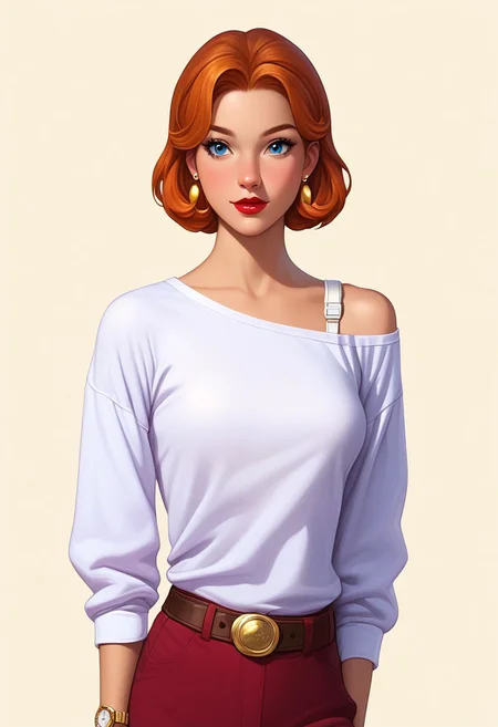 score_9, score_8_up, score_7_up, mercasg, BREAK 1girl, woman, young, solo, pretty, thoughtful, medium breasts, bob cut, bob haircut, medium hair, ginger hair, blue eyes, red lipstick, red manicure, ((white off-shoulder T-shirt, white shoulder straps, loose sleeves to the elbow)), T-shirt tucked into trousers, burgundy classic trousers, dark maroon belt with gold buckle, gold earrings, round gold watch BREAK arms bent at the elbows, right hand at the chin, left hand holding the right hand, standing, cowboy shot, semi-sideways, half-sideways, looking down, BREAK simple background, white background