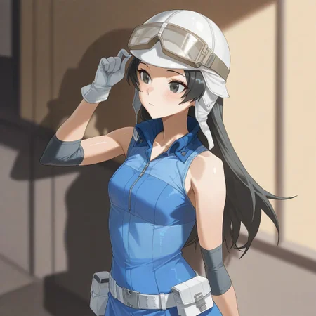 (best_quality, detailed, masterpiece, very_aesthetic, absurdres), general, m.q \(mqkyrie\), (zuharu:0.5)
BREAK
1girl, small breasts, upper_body, adult, ambient occlusion, ray tracing, shiny skin, blurry background, drop shadow
BREAK
asahismtiva, long hair, black hair, helmet, goggles on head, dress, elbow pads, gloves, belt,