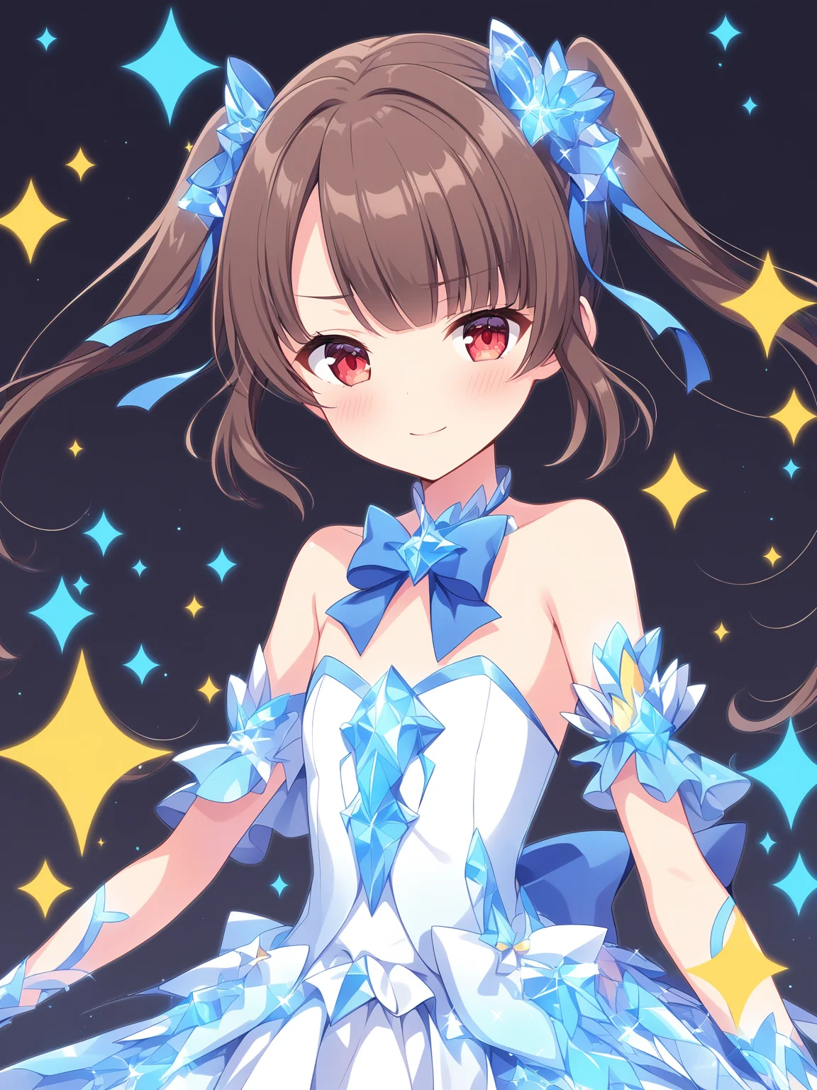 masterpiece, colorful, vector illustration, break
simple background, black background, break
solo, solo_focus, 1girl, young, thin, from_front, standing, upper body,
break
blue bow, blue ribbon, bow, constellation, dress, sparkle, magic girl, off shoulders, strapless, break
red_eyes, twintails, brown_hair, bangs, eyebrows_visible_through_hair, flat_chest, bangs,
looking at viewer, shy, blush, light smile,
<lora:character_agv3_TSUMUGI:0.8>
