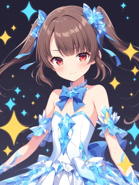masterpiece, colorful, vector illustration, break
simple background, black background, break
solo, solo_focus, 1girl, young, thin, from_front, standing, upper body,
break
blue bow, blue ribbon, bow, constellation, dress, sparkle, magic girl, off shoulders, strapless, break
red_eyes, twintails, brown_hair, bangs, eyebrows_visible_through_hair, flat_chest, bangs,
looking at viewer, shy, blush, light smile,
<lora:character_agv3_TSUMUGI:0.8>