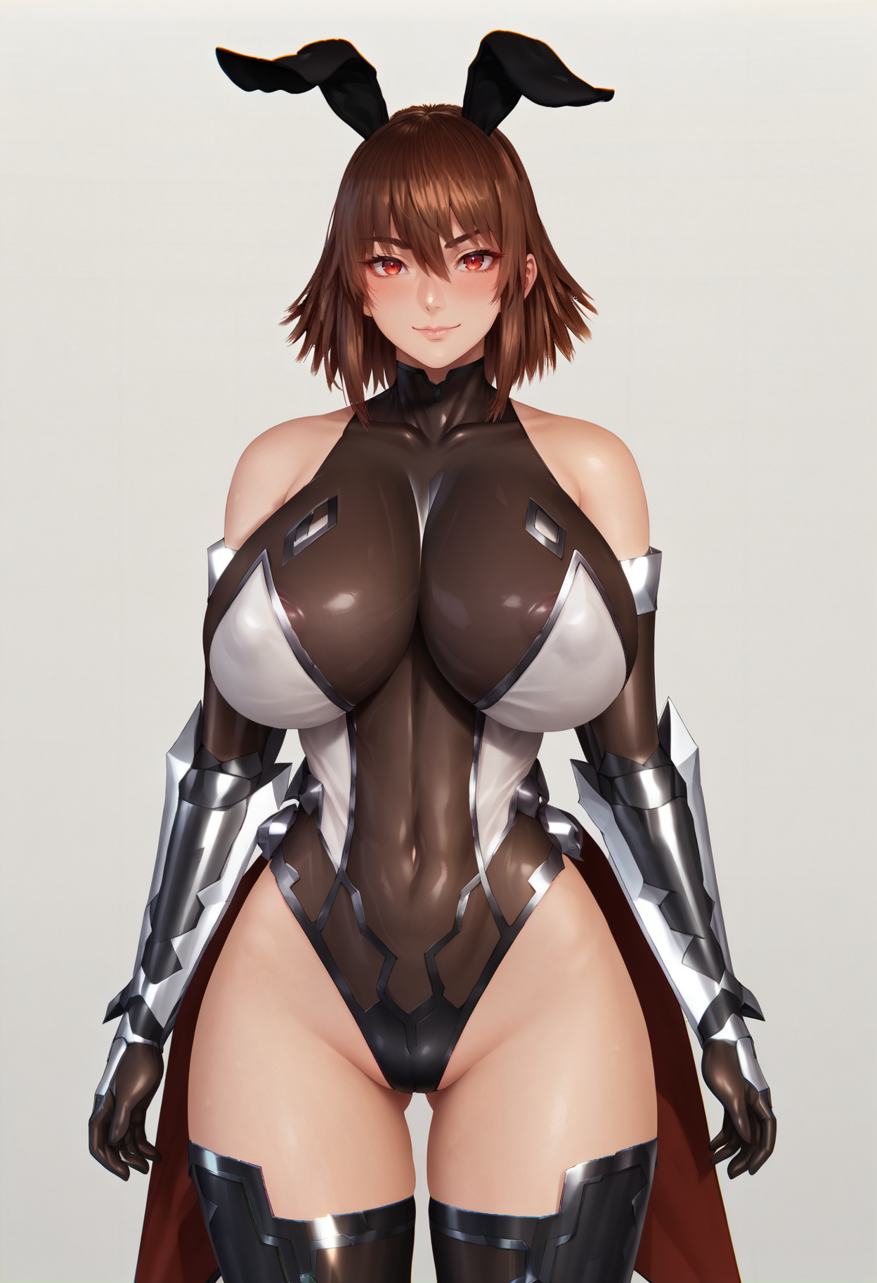 score_9, score_8_up, score_7_up, score_6_up, source_anime,
1girl, solo, konno (tohiro:0.5), 
standing, 
looking at viewer, smile, blush,  
Mizuki_Shiranui_SK, 
brown hair, short hair, red eyes, rabbit ears, 
thighhighs, bare shoulders, elbow gloves, leotard, covered navel, skin tight, impossible leotard, taimanin suit
simple background, white background, 
 <lora:Mizuki_Shiranui_SK:1>