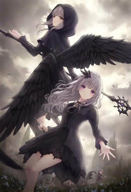 <lora:miss1_noob1.1-000184:0.9>,
multiple girls, 2girls, wings, hood, black wings, cloud, scythe, black dress, long hair, dress, feathered wings, flower, holding, cloudy sky, sky, purple eyes, red eyes, hood up, grey hair, weapon, long sleeves, staff, outdoors, looking at viewer, brown eyes, hair ornament,
masterpiece,best quality,newest,absurdres,highres,very awa,