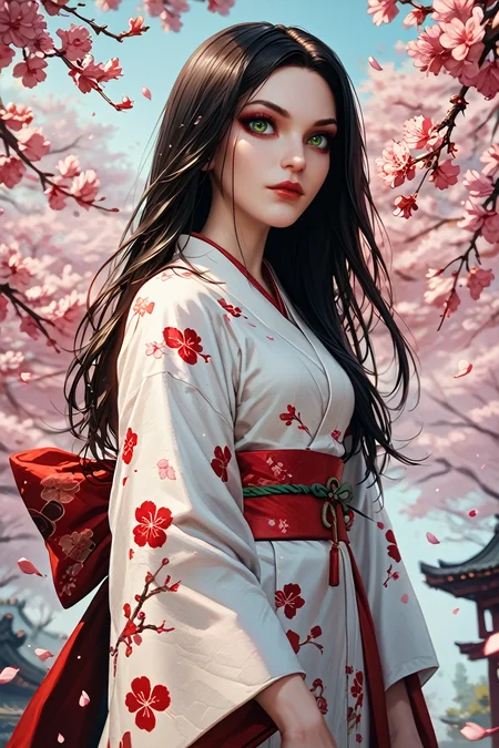 score_9, score_8_up, score_7_up, score_6_up
<lora:AliceMadness:1.0>
AliceMadness, 1girl, black hair, long hair, green eyes, looking at viewer, in a traditional kimono, surrounded by cherry blossoms