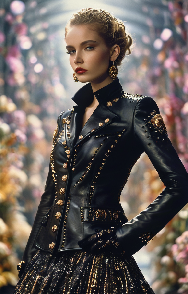 masterpiece,best quality,<lora:tbh322-sdxl:0.9>,illustration,style of Christian Dior Edgy Versace leather jacket with gold studs, rock-chic style, urban nightlife setting