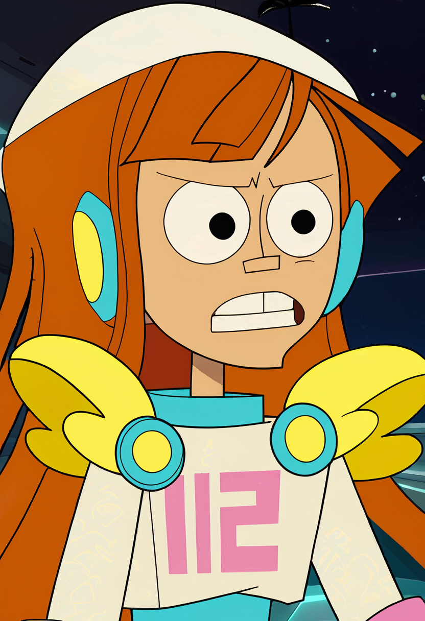 <lora:TwelveForever_Reggie_Pony:1.3>, reggie \(endless\), reggie \(twelve\), clenched teeth, reggie, twelve forever, 1girl, solo, orange hair, long hair, black eyes, bangs, space, masterpiece, best quality, score_9, score_8_up, score_7_up