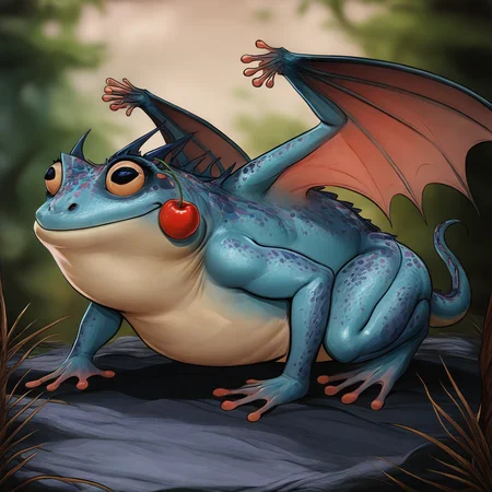 masterpiece, best quality, newest, absurdres, highres, cherry-gig, Droad-V1.0, dragon, toad, frog, wings,