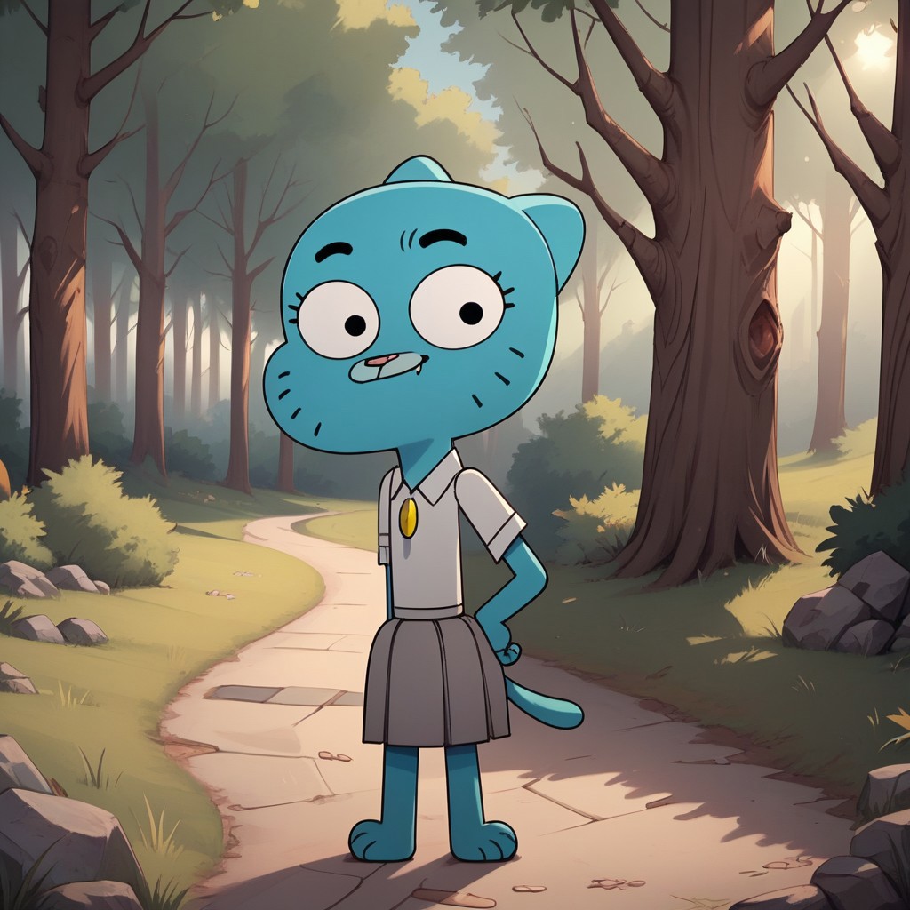 score_9, score_8, BREAK, Nicole, a cat, cat tail, light blue fur, upper lip is a lighter shade of blue, black eyes, pink nose, visible eyelashes, barefoot, has a slim body with wide hips, flat chest, round eyes, white collared shirt tucked in,short light gray skirt, pleated skirt, sexy pose, self portrait, smile, outdoors, sunlight, shadows, evening lighting, natural lighting, forest, trees, grass, orange sky, sunset