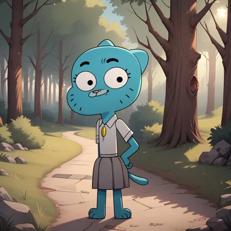score_9, score_8, BREAK, Nicole, a cat, cat tail, light blue fur, upper lip is a lighter shade of blue, black eyes, pink nose, visible eyelashes, barefoot, has a slim body with wide hips, flat chest, round eyes, white collared shirt tucked in,short light gray skirt, pleated skirt, sexy pose, self portrait, smile, outdoors, sunlight, shadows, evening lighting, natural lighting, forest, trees, grass, orange sky, sunset