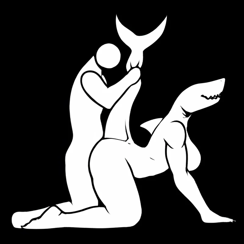 <lora:wrnsignPDXL_11b:1> black background, black lineart, white body, flat colors, duo, side view, human on anthro, anthro, female, shark, eyeless, dorsal fin, medium breasts, muscular female, kneeling, from behind position, anal penetration, humanoid, male, tail grab