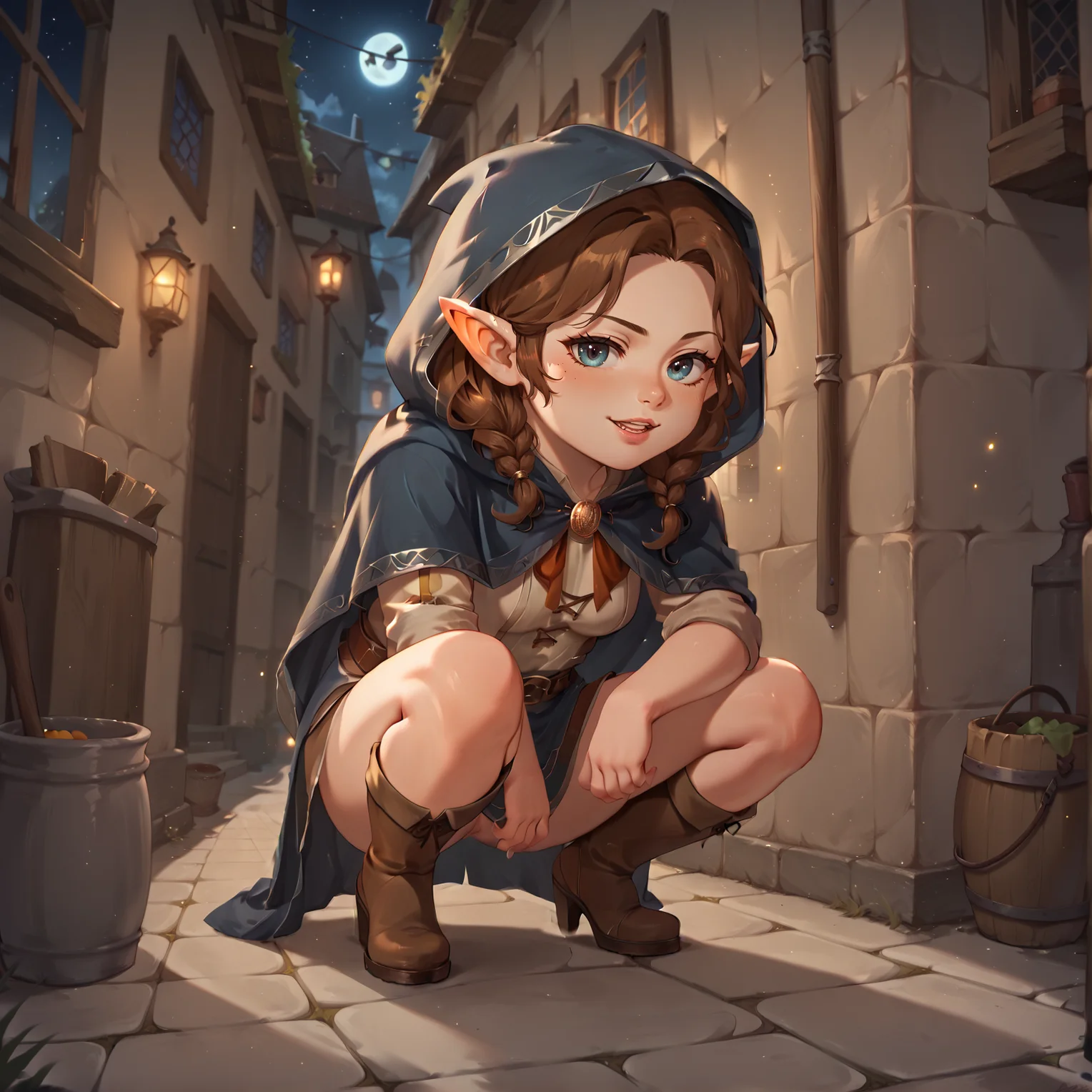 night, 1girl, crouching, brown hair, hood, cloak, alley, pointy ears, <lora:Halflings_Pony_XL:1>, halflings, hobbits, BREAK score_9, score_8_up, score_7_up, best quality, masterpiece, 4k, prefect lighting, very aesthetic, anime, zPDXL2, <lora:IriaStylePony:0.8>, IRIaStyle, chibi