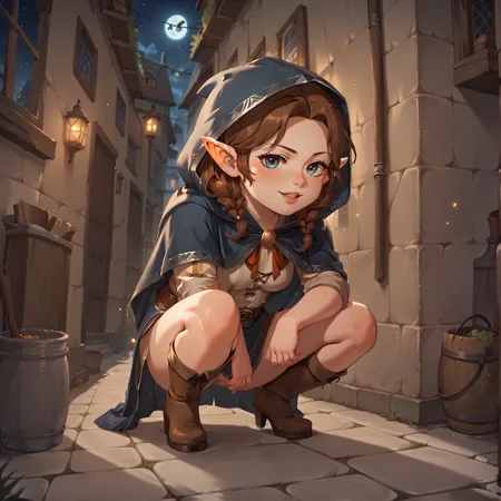 night, 1girl, crouching, brown hair, hood, cloak, alley, pointy ears, <lora:Halflings_Pony_XL:1>, halflings, hobbits, BREAK score_9, score_8_up, score_7_up, best quality, masterpiece, 4k, prefect lighting, very aesthetic, anime, zPDXL2, <lora:IriaStylePony:0.8>, IRIaStyle, chibi