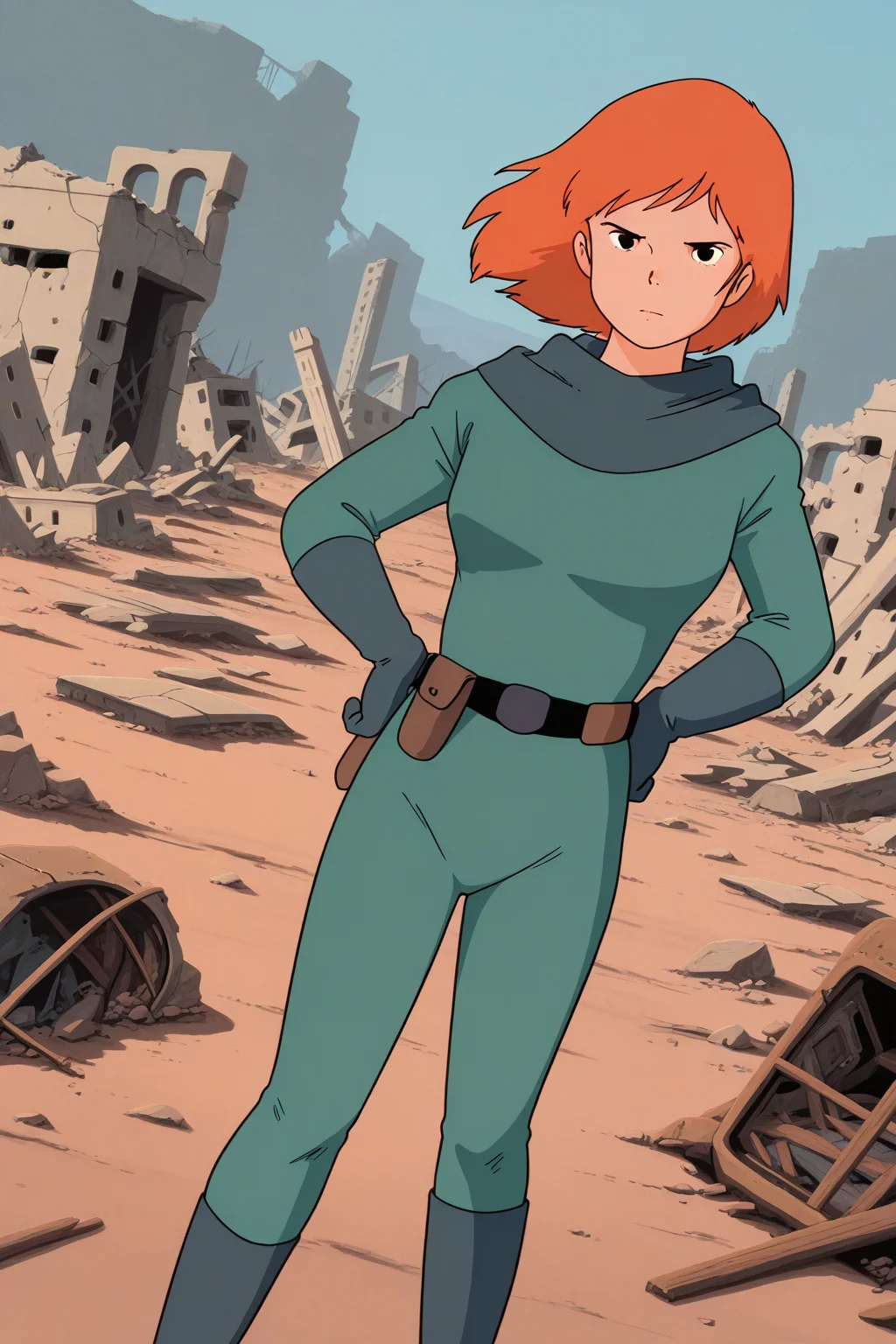 masterpiece, best quality, amazing quality, absurdres, solo, conanmonsley, serious, standing, looking at viewer, dutch angle, hands on hips, orange hair, green hood, hood down, green bodysuit, green gloves, green boots, outdoors, ruins, wasteland, wreckage