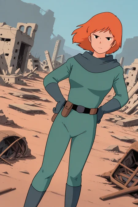 masterpiece, best quality, amazing quality, absurdres, solo, conanmonsley, serious, standing, looking at viewer, dutch angle, hands on hips, orange hair, green hood, hood down, green bodysuit, green gloves, green boots, outdoors, ruins, wasteland, wreckage