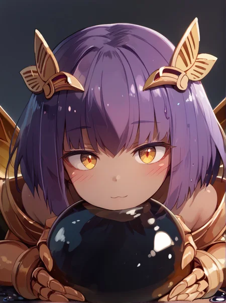(expressive eyes), (Masterpiece), 1girl, (yonaga san artstyle), Khepri, arthropod limbs, dark skin, gold, beetle wings, purple hair, head ornament, Slime ball, girl on slime, opaque slime, black slime, close up, (score_9, score_8_up, score_7_up), <lora:V5.1_retrain:1.0>