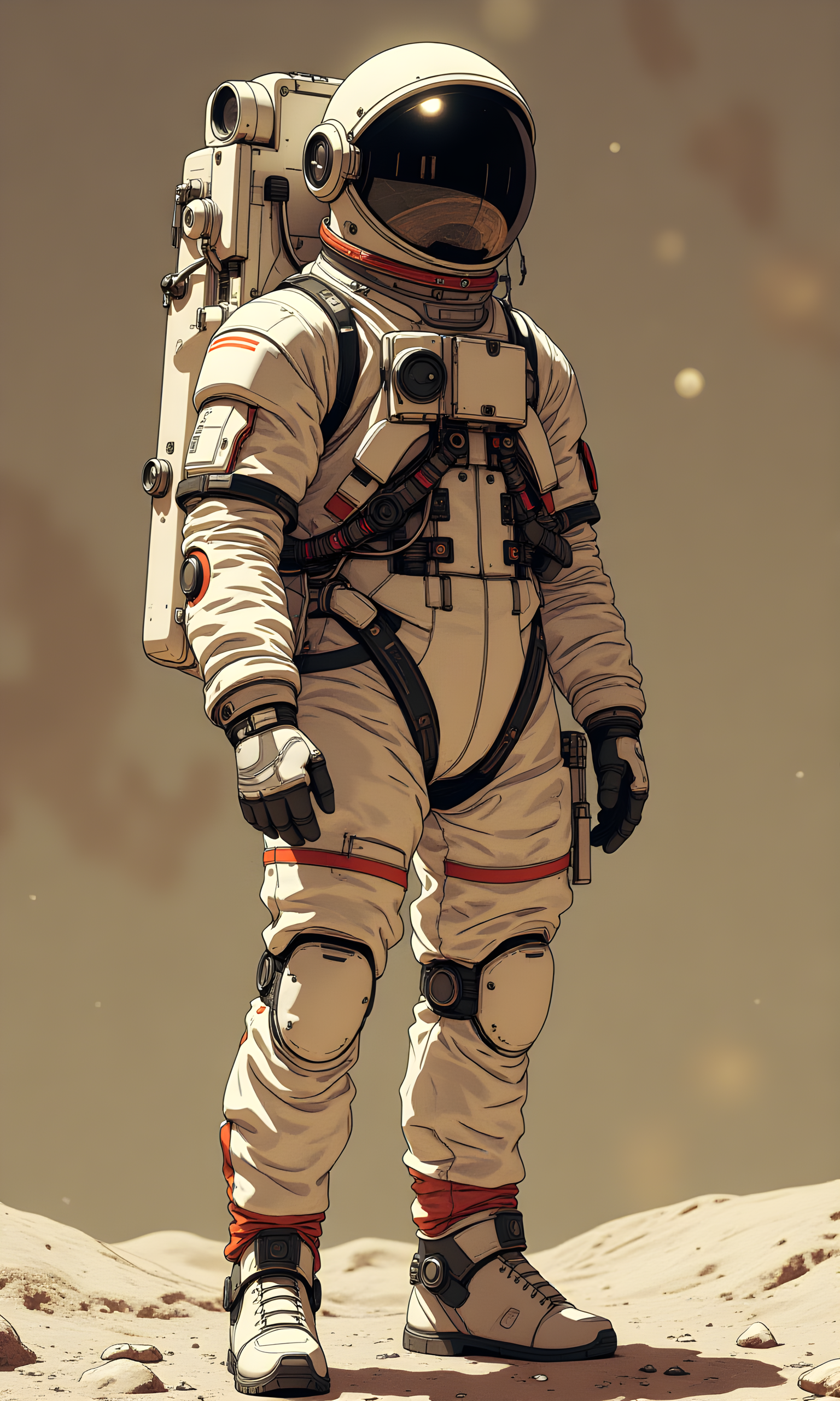The subject of the image is an astronaut clad in a highly detailed and advanced spacesuit. The suit is designed with intricate components, including various panels, tubes, and mechanical elements, suggesting a high level of technology and functionality. The astronaut's posture is upright, indicating readiness or alertness. 
The astronaut's face is completely obscured by the reflective visor of the helmet, making it impossible to discern any facial expression. The visor reflects light, adding to the sense of mystery and anonymity. 
The astronaut stands in a confident and poised stance, with their body facing slightly towards the viewer. The arms are relaxed but positioned in a way that suggests preparedness for action. The overall pose conveys a sense of strength and determination. 
The spacesuit is predominantly white with red and black accents, giving it a striking and futuristic appearance. The suit features multiple layers and sections, each serving a specific purpose. There are visible hoses, gauges, and other equipment attached to the suit, indicating its complexity and advanced design. The gloves and boots are also part of the suit, ensuring full protection and mobility. 
The camera is positioned at eye level, capturing the astronaut from a medium distance. This angle allows for a clear view of the suit's details and the astronaut's overall form. The framing centers the subject, drawing immediate attention to the intricate design of the spacesuit. 
The lighting in the image is soft and diffused, creating gentle highlights and shadows on the suit. The light source appears to be coming from the front-left side, casting subtle shadows that accentuate the contours and textures of the suit. The reflective visor catches the light, adding a dynamic element to the composition. 
The background is a muted, earthy tone with a textured surface, possibly resembling a lunar or Martian landscape. The lack of distinct features in the background keeps the focus on the astronaut and the suit. The simplicity of the background enhances the sense of isolation and emphasizes the advanced nature of the spacesuit. 
The composition is well-balanced, with the astronaut centered in the frame. The vertical lines of the suit's design create a sense of structure and stability. The contrast between the bright white of the suit and the darker background further emphasizes the subject, making them the focal point of the image. The overall composition conveys a sense of technological advancement and exploration. 
BREAK anime, d13s3lp2nk, bboil artist style, OBdonman, Anime art, <lora:FLUX\Anime Art V3:0.2>, <lora:FLUX\Synesthesia:0.2>, <lora:FLUX\RetroAnimeS1.1:0.5>, <lora:FLUX\Flux-jijia:0.1>, <lora:FLUX\It's a LoRA for portraits, BUT! actually specialized in backgrounds. v1.0:0.1>, <lora:FLUX\GLSHS:0.2>, <lora:FLUX\Dieselpunk Delight - s0_9 g4:0.4>, <lora:FLUX\OBdonman, anime0style portrait:0.1>