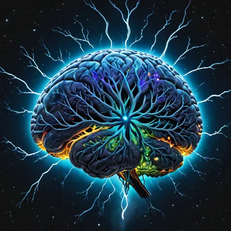 biolumen, detailed human brain, galaxy, night sky, BL4CK3STBL4CK, black_theme, matte_color, flat color