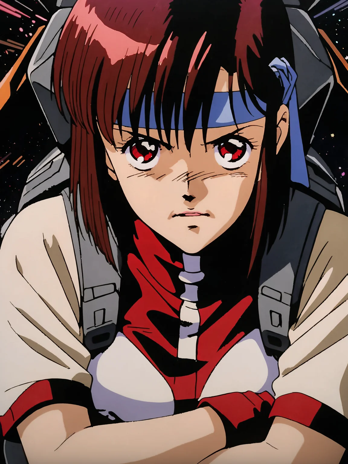 1girl,cinematic,(masterpiece),(best quality),(ultra-detailed),very aesthetic,illustration,perfect composition,intricate details,absurdres,detailed face,(anime, masterpiece, intricate:1.1),(best quality, hires textures, high detail:1.2),headband,space,solo,brown hair,blue headband,short hair,crossed arms,red eyes,looking at viewer,standing,cockpit,red leotard,star (sky),<lora:cel_mikimoto_xl_v1.0:0.85>,