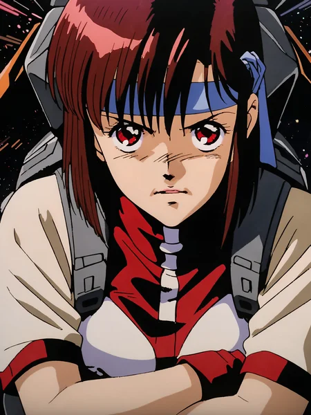 1girl,cinematic,(masterpiece),(best quality),(ultra-detailed),very aesthetic,illustration,perfect composition,intricate details,absurdres,detailed face,(anime, masterpiece, intricate:1.1),(best quality, hires textures, high detail:1.2),headband,space,solo,brown hair,blue headband,short hair,crossed arms,red eyes,looking at viewer,standing,cockpit,red leotard,star (sky),<lora:cel_mikimoto_xl_v1.0:0.85>,