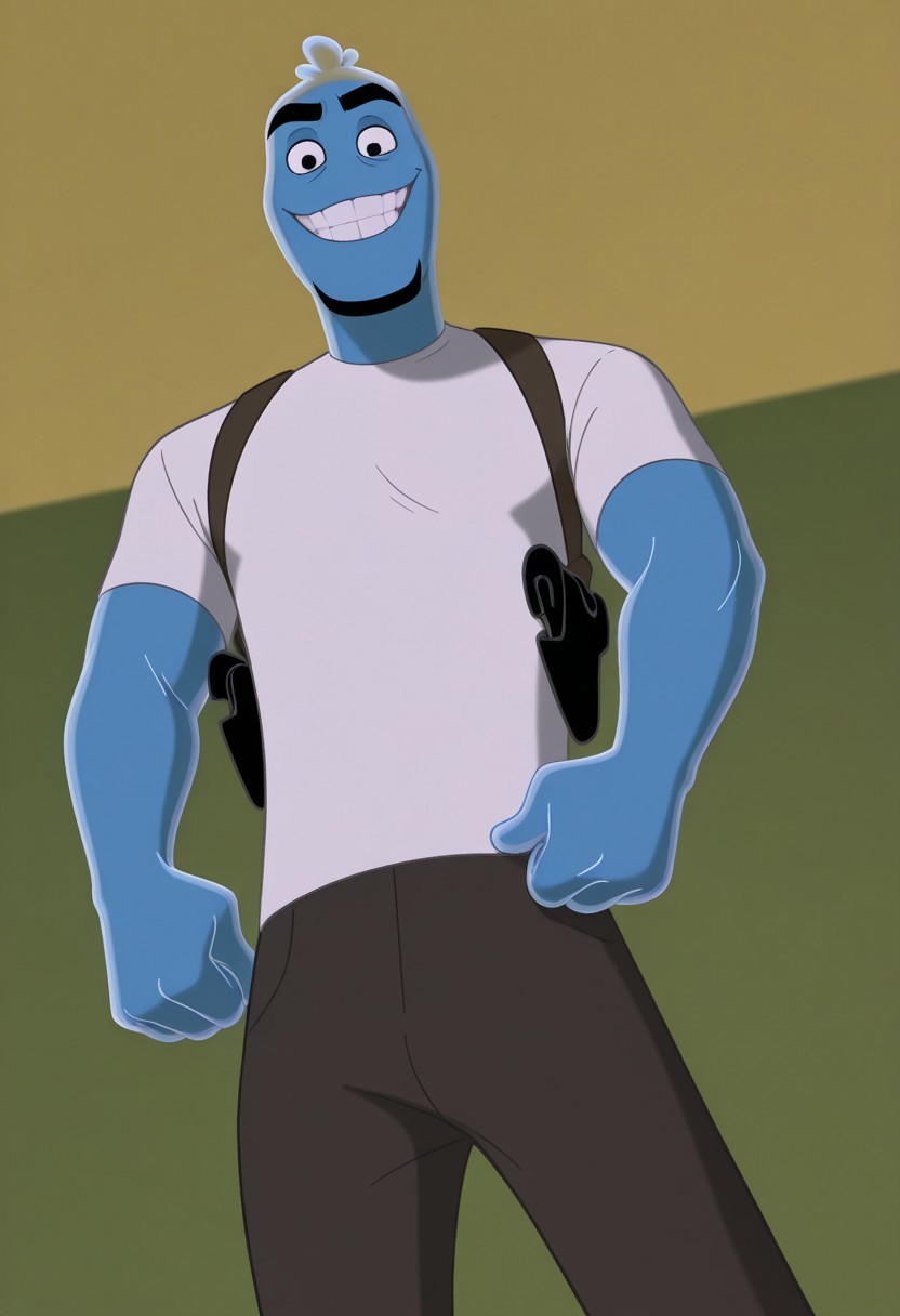 score_9, score_8_up, score_7_up, score_6_up, perfect anatomy, perfect proportions, best quality, masterpiece, high_resolution, high quality, best aesthetic, incredibly absurdres, highres, extremely detailed, huge filesize, solo male, adult, mature, masculine, manly, handsome, charming, alluring, standing, upper body, dutch angle, cowboy shot, perfect face,  source_cartoon \(Osmosis Jones\), cartoon coloring \(Osmosis Jones\),  Ozzy\(Osmosis Jones\), OJOzzy, short hair, translucent hair, black eyes, black eyebrows cytoplasm skin, blue skin, translucent skin, black facial hair, goatee, OJOzzy_outfit02, white t-shirt, short sleeves, shoulder holster, dark gray pants, black shoes,, look at viewer, grin, low angle, from below, indoor, office