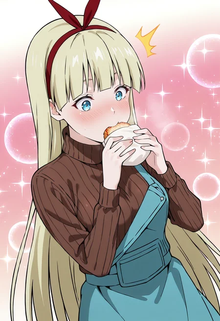 best quality, amazing quality, perfect quality, high quality, masterpiece, absolutely eye-catching BREAK
<lora:Shokugeki_no_Souma_-_Berta:1> ShokugekiBerta, blue eyes, blonde hair, very long hair, blunt bangs, red hairband, medium breasts BREAK
brown ribbed sweater, turtleneck sweater, blue overalls, single off shoulder, blue skirt BREAK
sparkle background, gradient background BREAK
1girl, solo, eating, surprised, holding food, blush, dutch angle, cowboy shot