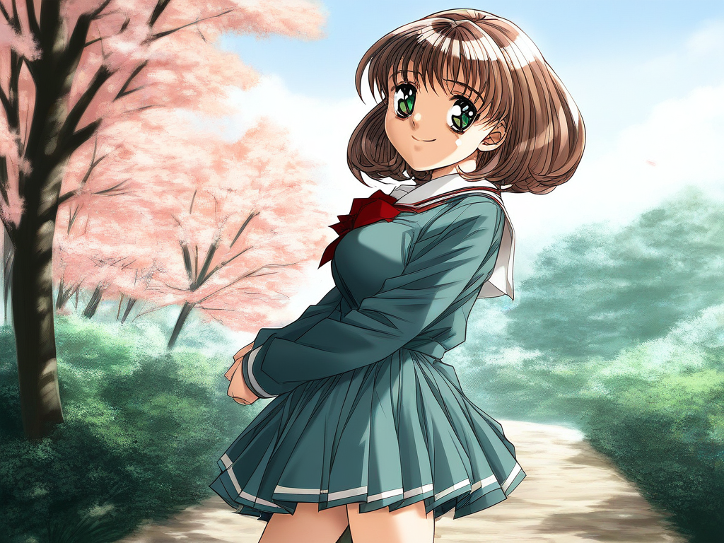 score_9, score_8_up, score_7_up, source_anime, rating_explicit, BREAK <lora:Sunohara_Suzuha_XL:0.9> Sunohara_Suzuha, brown hair, green eyes,  medium hair,  long breasts, smile,
1girl, solo, day, sky, tree, school uniform, outdoors, long sleeves, dress, skirt,