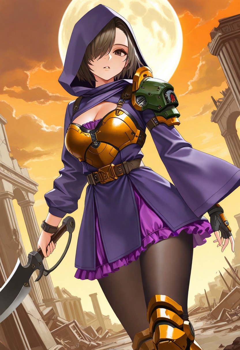masterpiece, best quality, very aesthetic, absurdres, 
1girl, solo, cowboy_shot, 
doom scimitar fighter, 
brown eyes, one eye covered, greenish brown hair, short hair, asymmetrical bangs, hair over one eye, medium breasts, cleavage, 
asymmetrical clothes, hood up, hooded coat, purple coat, wide sleeves, long sleeves, single pauldron, breastplate, purple dress, frilled dress, short dress, single fingerless glove, belt, black pantyhose, armored boots, 
holding scimitar, 
standing, looking at viewer, expressionless, parted lips, dutch angle, hand up, fighting stance, 
outdoors, cloudy sky, full moon, orange sky, cloud, sky, twilight, ruins, middle eastern architecture, 
az-ys-il