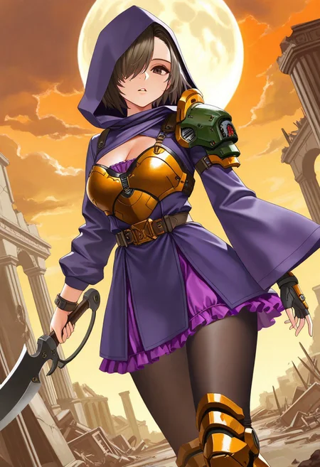 masterpiece, best quality, very aesthetic, absurdres, 
1girl, solo, cowboy_shot, 
doom scimitar fighter, 
brown eyes, one eye covered, greenish brown hair, short hair, asymmetrical bangs, hair over one eye, medium breasts, cleavage, 
asymmetrical clothes, hood up, hooded coat, purple coat, wide sleeves, long sleeves, single pauldron, breastplate, purple dress, frilled dress, short dress, single fingerless glove, belt, black pantyhose, armored boots, 
holding scimitar, 
standing, looking at viewer, expressionless, parted lips, dutch angle, hand up, fighting stance, 
outdoors, cloudy sky, full moon, orange sky, cloud, sky, twilight, ruins, middle eastern architecture, 
az-ys-il