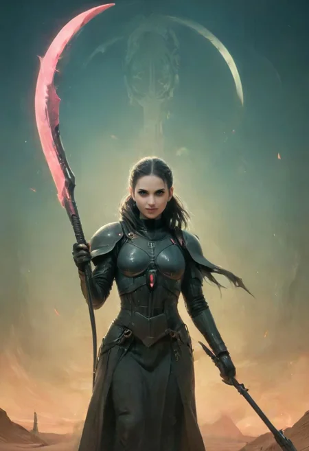 district 9 cover art style, Surreal Collage, vibrant Pastel Tones, Closeup Portrait, dystopian dune theme,
smiling Petite Female punisher stance aeldari, holding translucent scythe in ancient Sci-fi light, luminous digital letters starwars abyss devouring reality in the Background, dystopian Sci-fi Scene By Giger, ethereal, thermal, very detailed, HD,