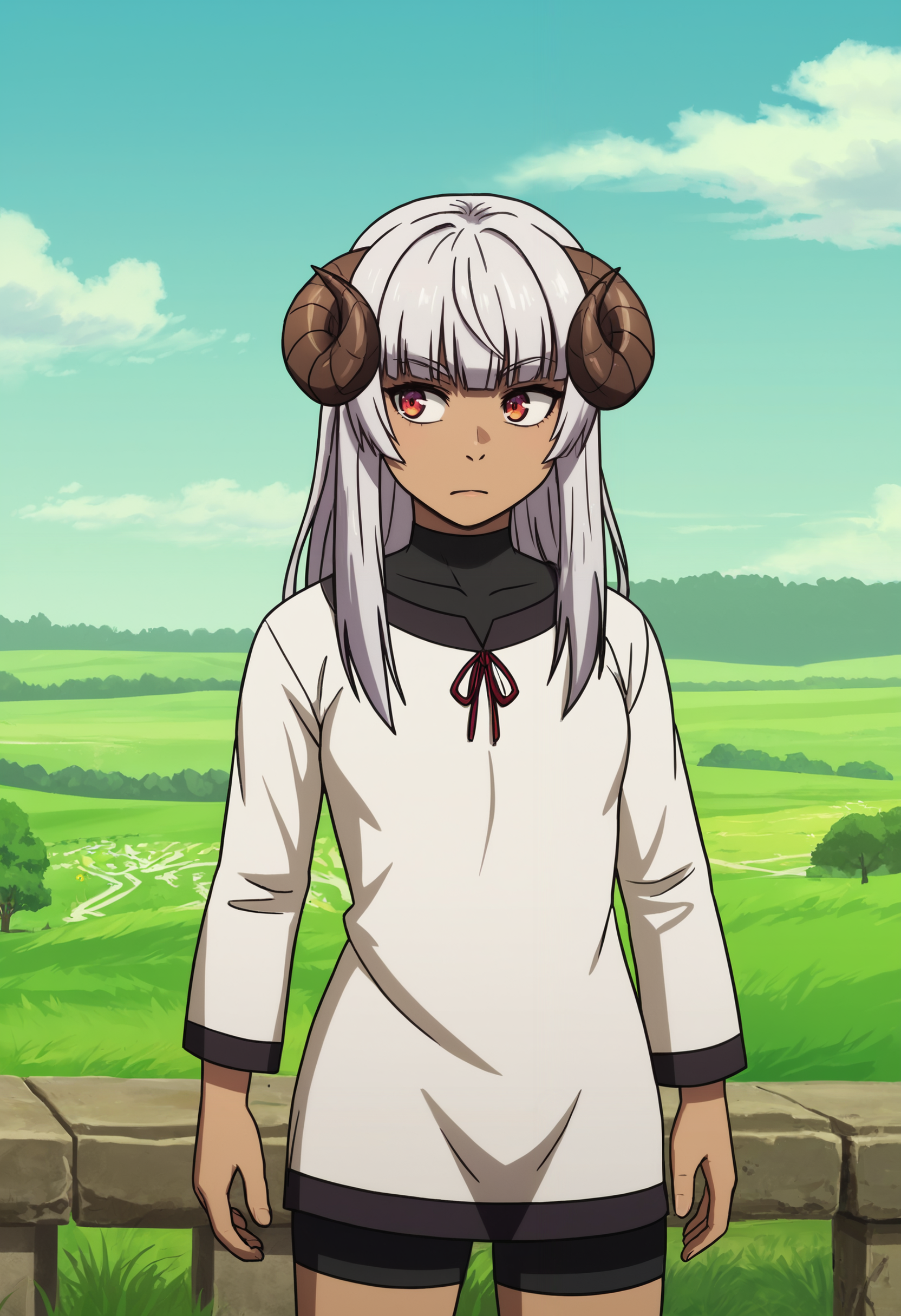 zPDXL, 1girl BREAK
felm, horns,
white dress, black shorts,
standing, cowboy shot, 
outdoors, blue sky,
<lora:felm-pony-kohya4-000004:0.6>